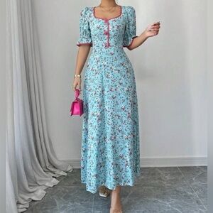 Floral Print Blue Maxi Dress with Button Trim